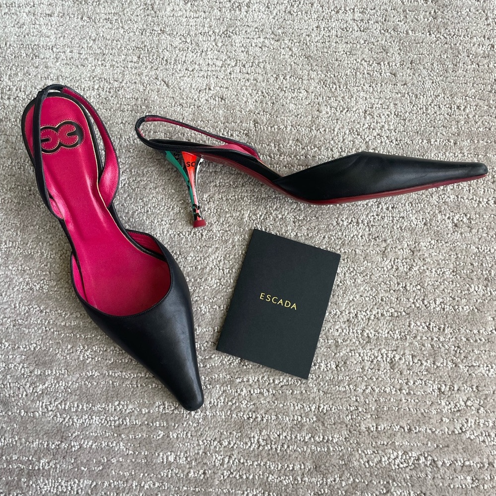 Escada Black Slingback with Pink Leather Interior and Multi Colored Heels sz 7.5